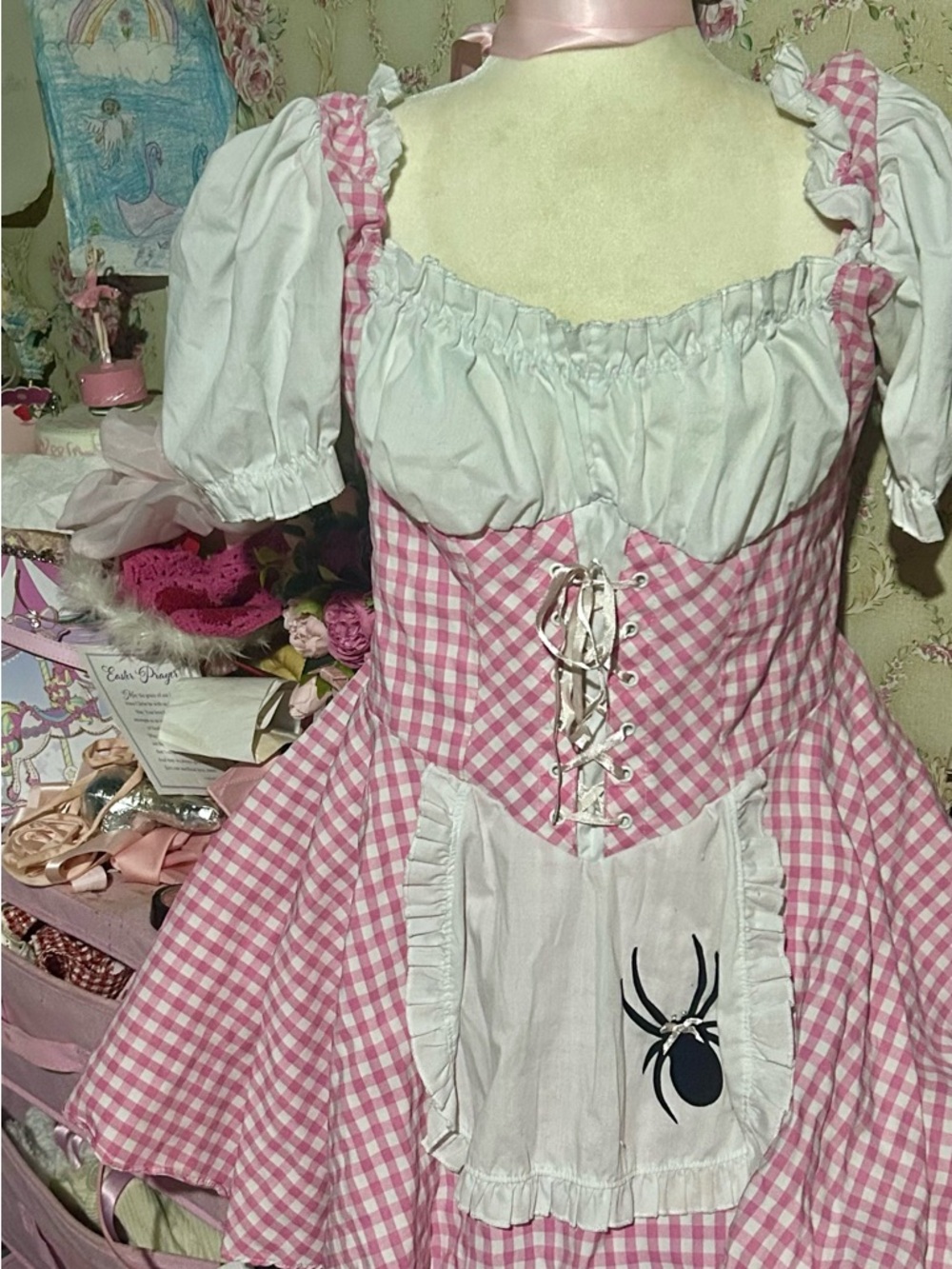 Leg avenue Pink Gingham Corset Apron Dress with White Puff Sleeves milkmaid